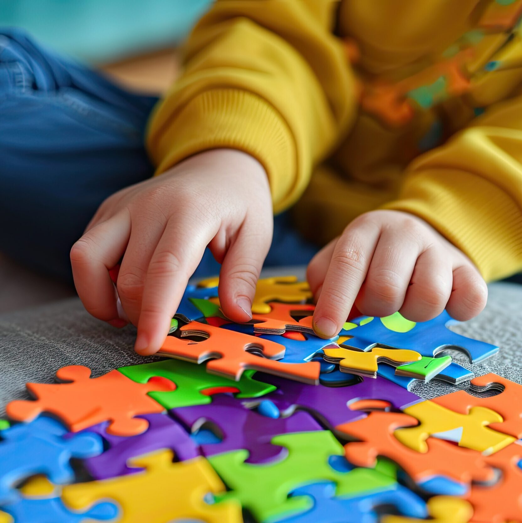 hands of an autistic child hold a colorful puzzle. World autism awareness day